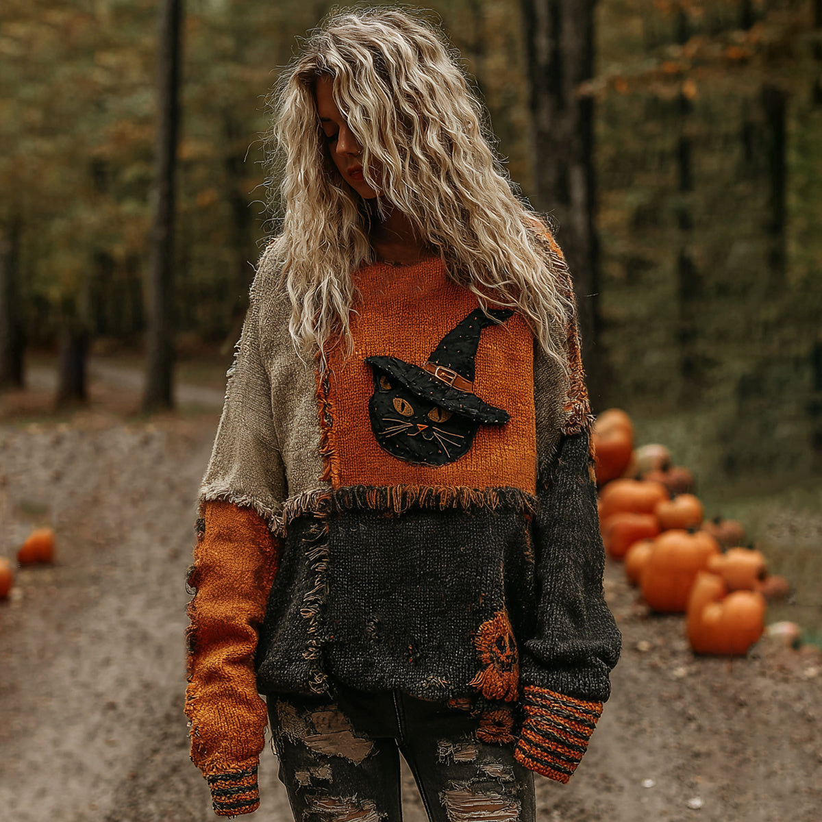 Halloween Pumpkin Witch Cat Face Art Cozy Knit Sweater elevenforest