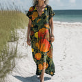 Women's Vintage Floral Print V-neck Linen Blend Midi Dress elevenforest