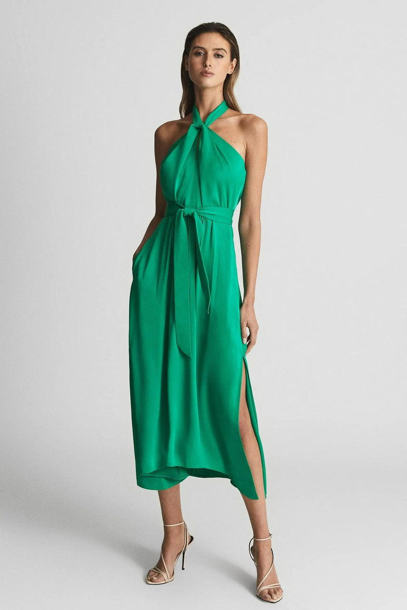 Sleeveless Lace Up Slit Halter Neck Midi Dress Green