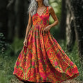 Women's Bohemian Ethnic Art Print V-neck Sleeveless Cotton Dress