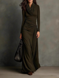 Comstylish Retro-style Pleated Fitted And Slimming Long-sleeve Dress