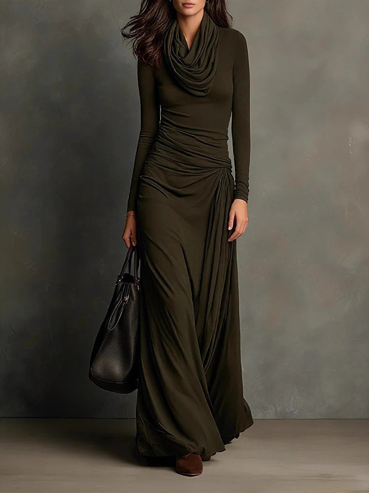Comstylish Retro-style Pleated Fitted And Slimming Long-sleeve Dress