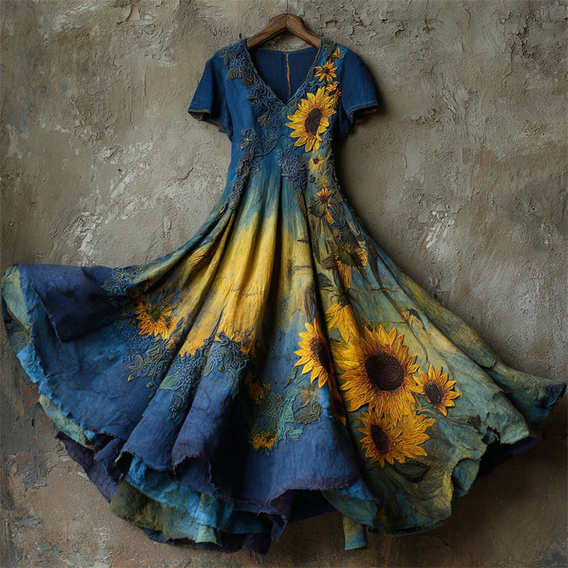 Oil Painting Inspired Sunflowers Embroidered Linen Maxi Dress elevenforest