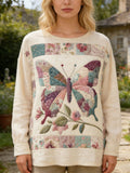 Boho Butterfly & Floral Patchwork Pattern Women's Linen Long Sleeve Shirt elevenforest