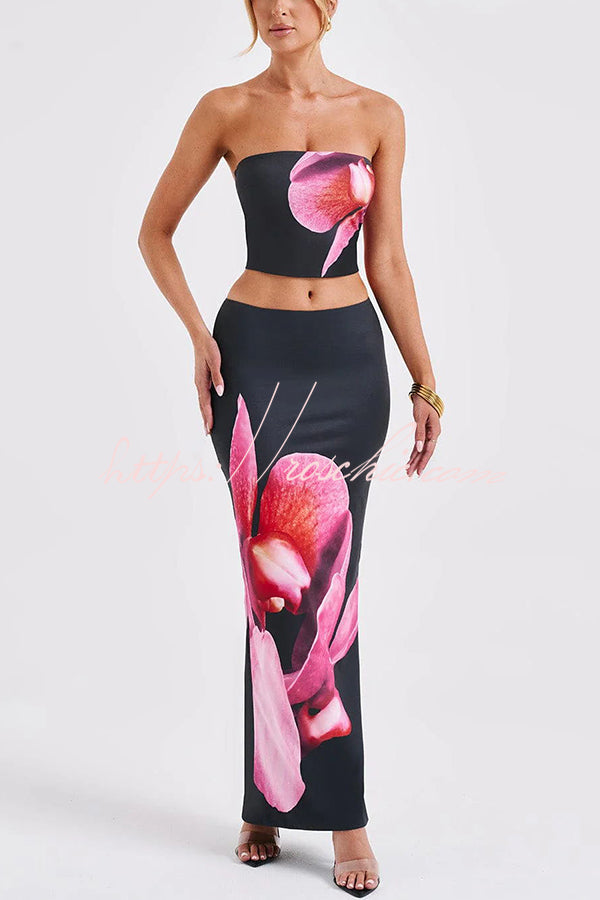 Allegra Abstract Print Stretch Strapless Tank and Elastic Waist Maxi Skirt Set
