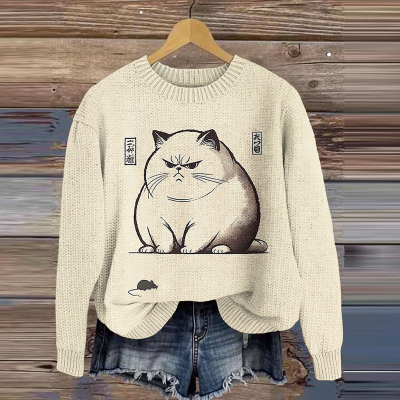 Vintage Cat And Mouse Japanese Art Print Art Cozy Knit Sweater elevenforest