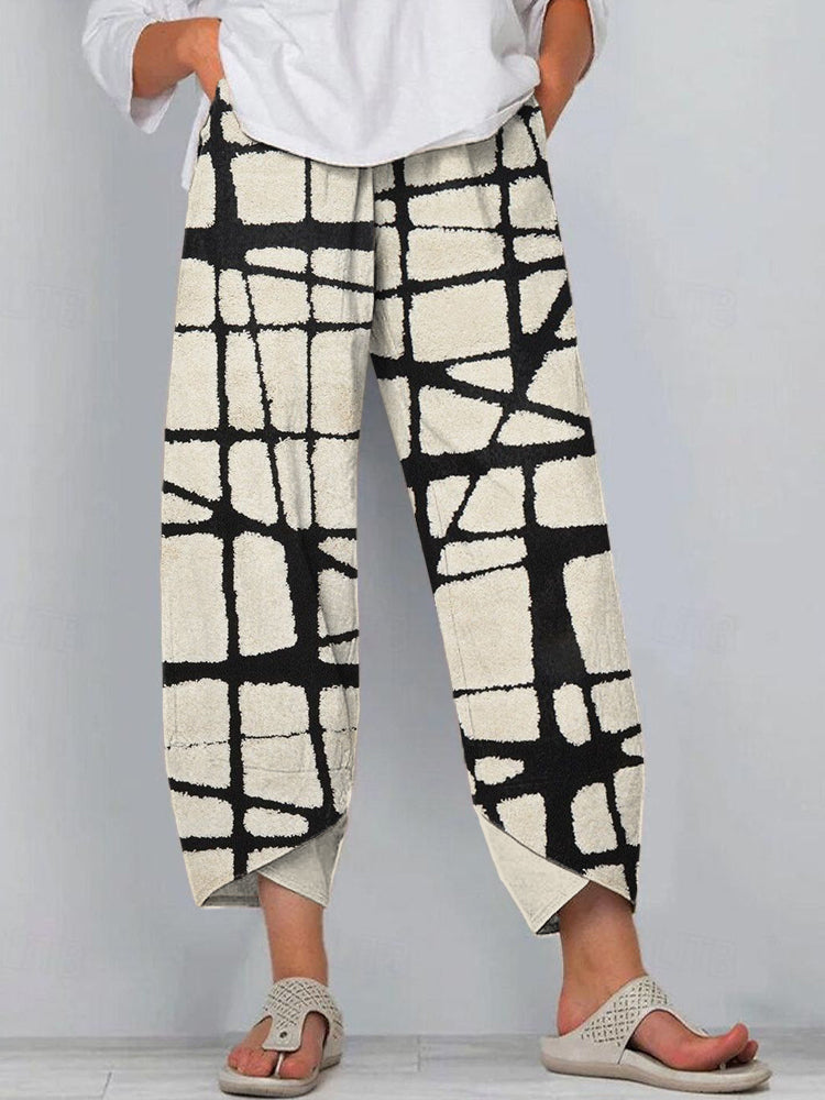 Abstract Art Line Print Linen Blend Pants elevenforest