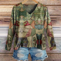 Women's Vintage Patchwork Art Print Casual V-neck Long Sleeve T-shirt