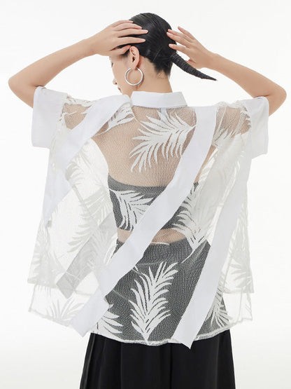 Stylish Loose Half Sleeves Buttoned Mesh Hollow See-through Blouses&shirts Tops