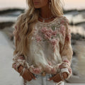 Women's Pink Rose Embroidery Long-sleeved Linen T-shirt elevenforest