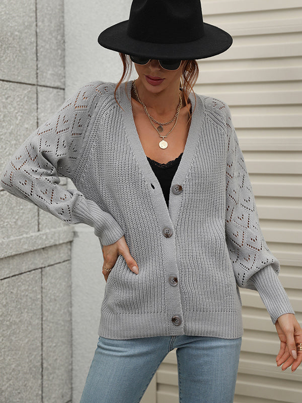 Long Sleeves Loose Color V-neck Cardigan Tops