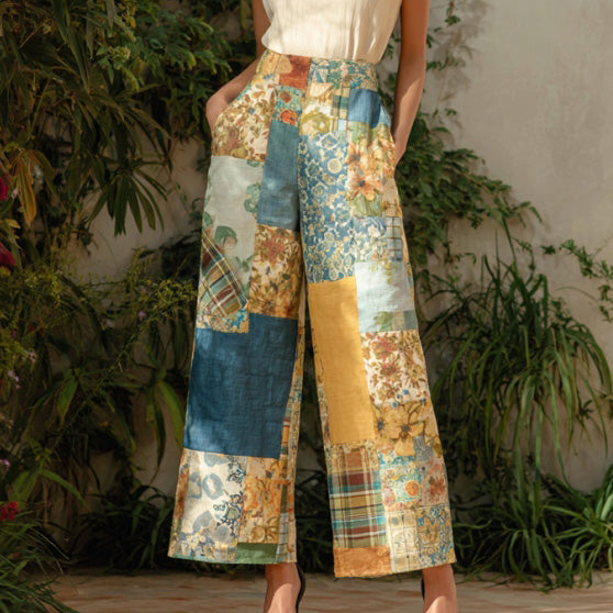 Women's Retro Bohemian Floral Patchwork Linen Trousers elevenforest