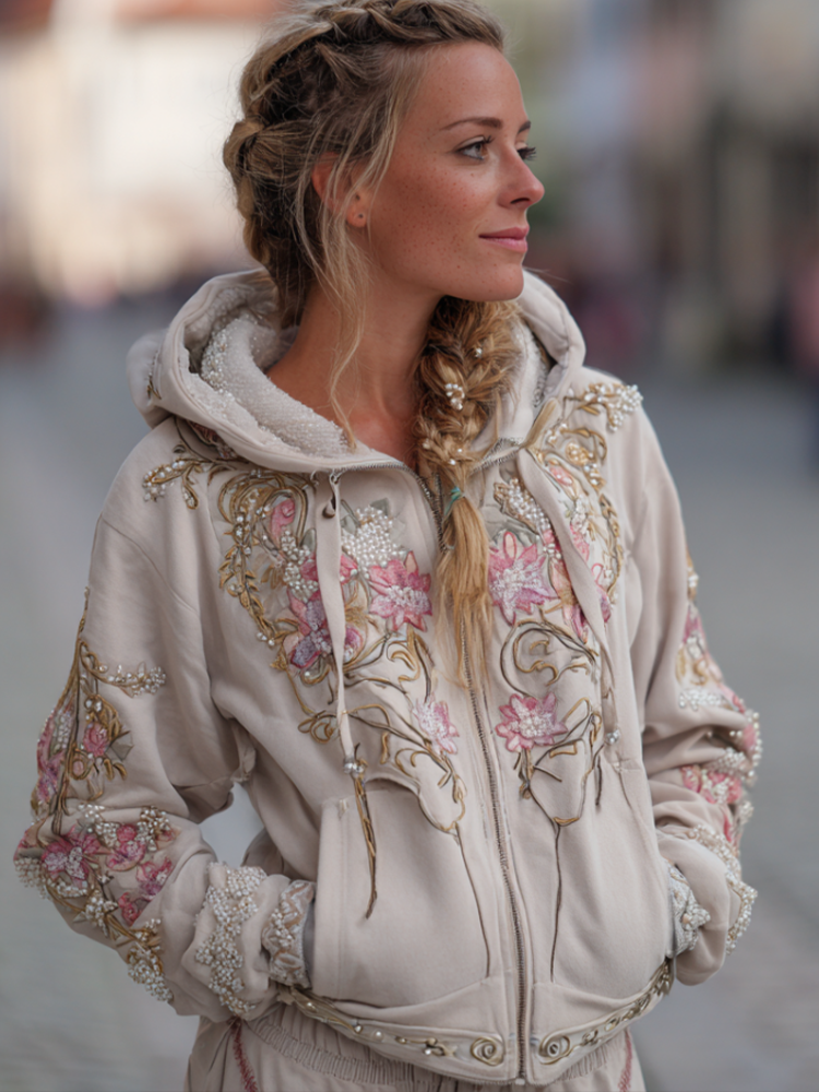 Bohemian Style Pink Flower Embroidery Hooded Long Sleeve Jacket With Zipper elevenforest