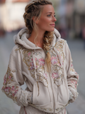 Bohemian Style Pink Flower Embroidery Hooded Long Sleeve Jacket With Zipper elevenforest