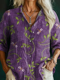 Women's Floral Dragonfly Art Print Casual Cotton Shirt
