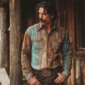 Western Vintage Print Men's Linen Long Sleeve Shirt elevenforest