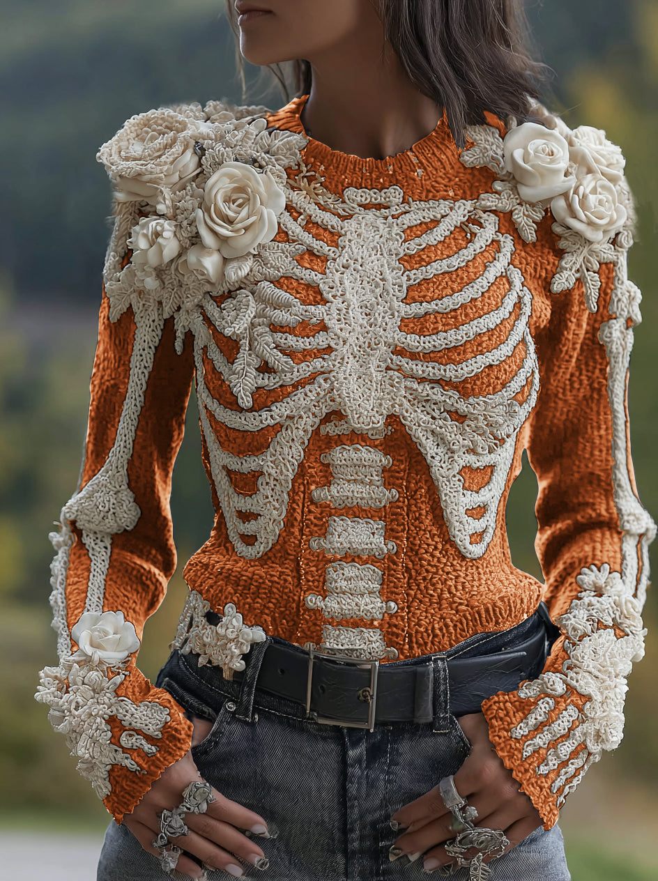 Women's Halloween Skeleton Bones With Roses Art Knitted Warm Sweater artswardrobe