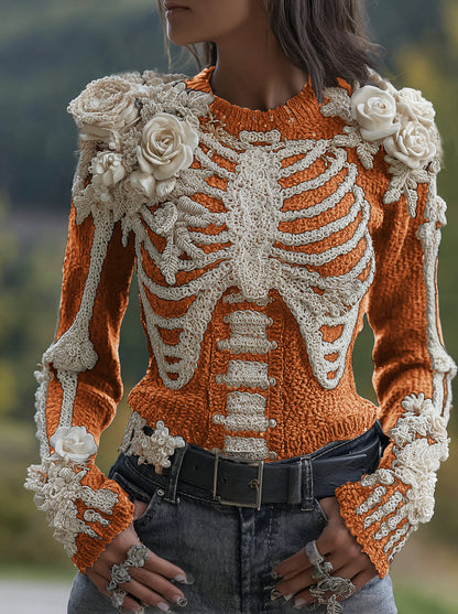 Women's Halloween Skeleton Bones With Roses Art Knitted Warm Sweater artswardrobe