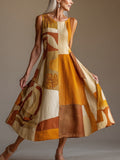 Boho Vintage Colorblock Patchwork Linen Maxi Dress elevenforest