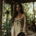 Vintage Bohemian Floral Embroidered Linen Crew Neck T-shirt elevenforest