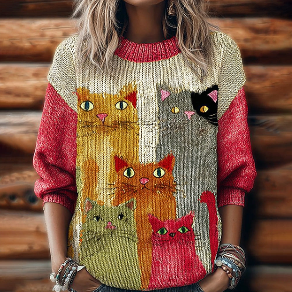 Women's Funny Cat Embroidery Round Neck Sweater artswardrobe
