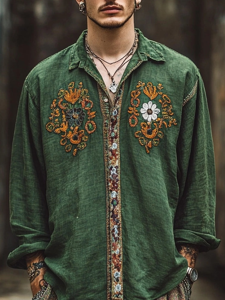 Men's Vintage Embroidered Linen Blend Comfy Blouse elevenforest
