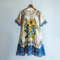 Sunflower Vintage Lace Embroidery Patchwork Women's Linen Dress elevenforest