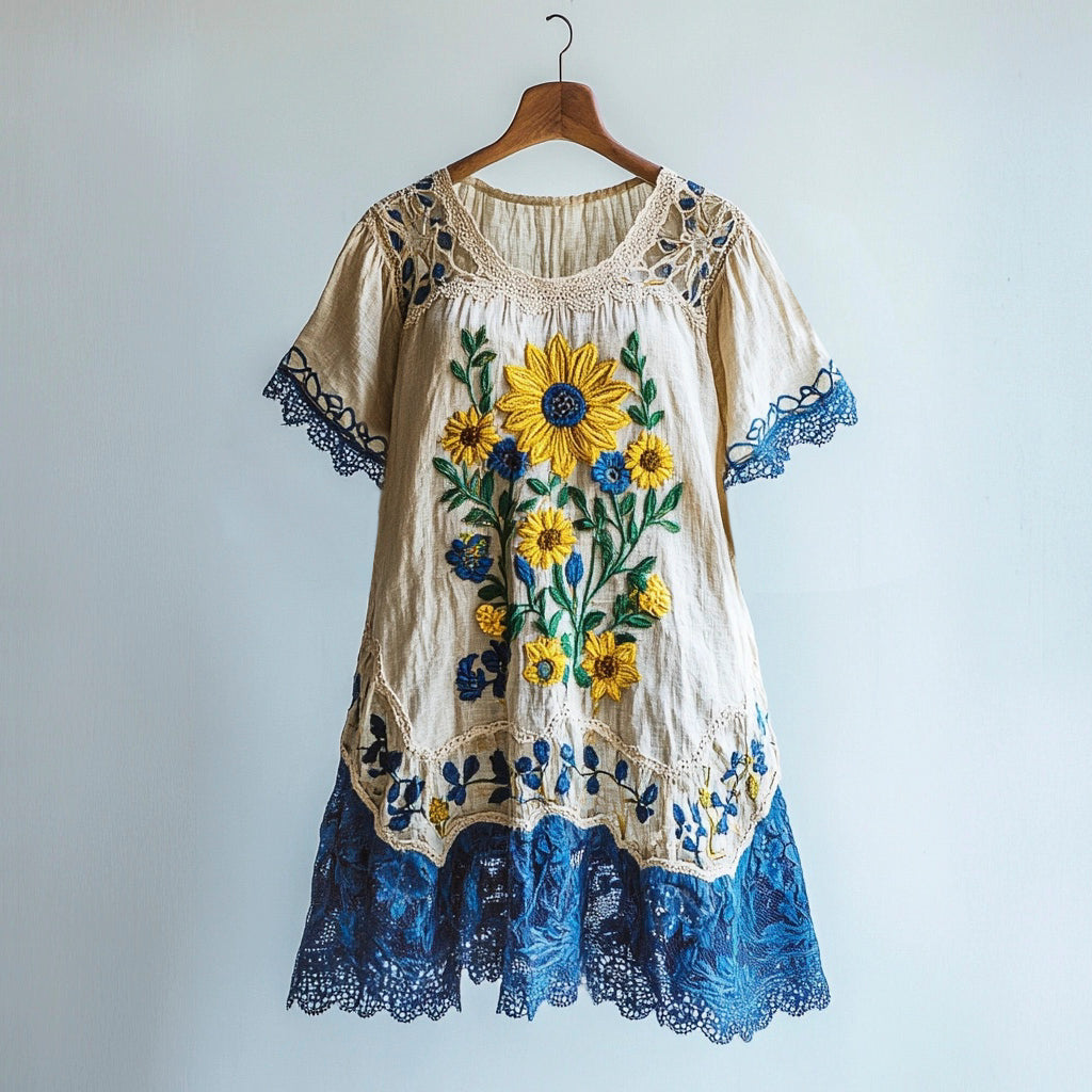 Sunflower Vintage Lace Embroidery Patchwork Women's Linen Dress elevenforest