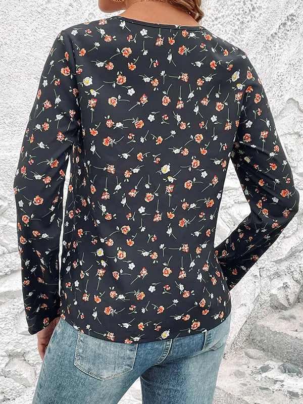 Long Sleeves Loose Flower Print Round-neck Blouses&shirts Tops
