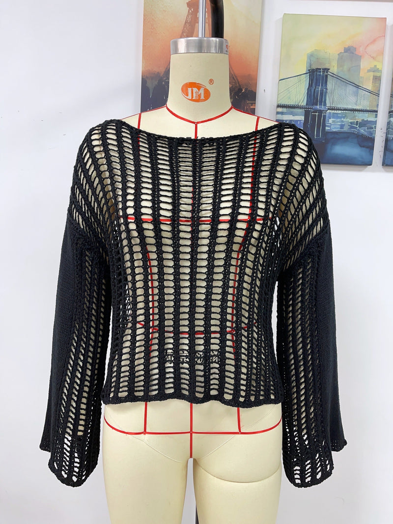 Spring Summer Knitwear Hand Crocheting Blouse Off the Shoulder Hollow Out Cutout Knitted Knitwear