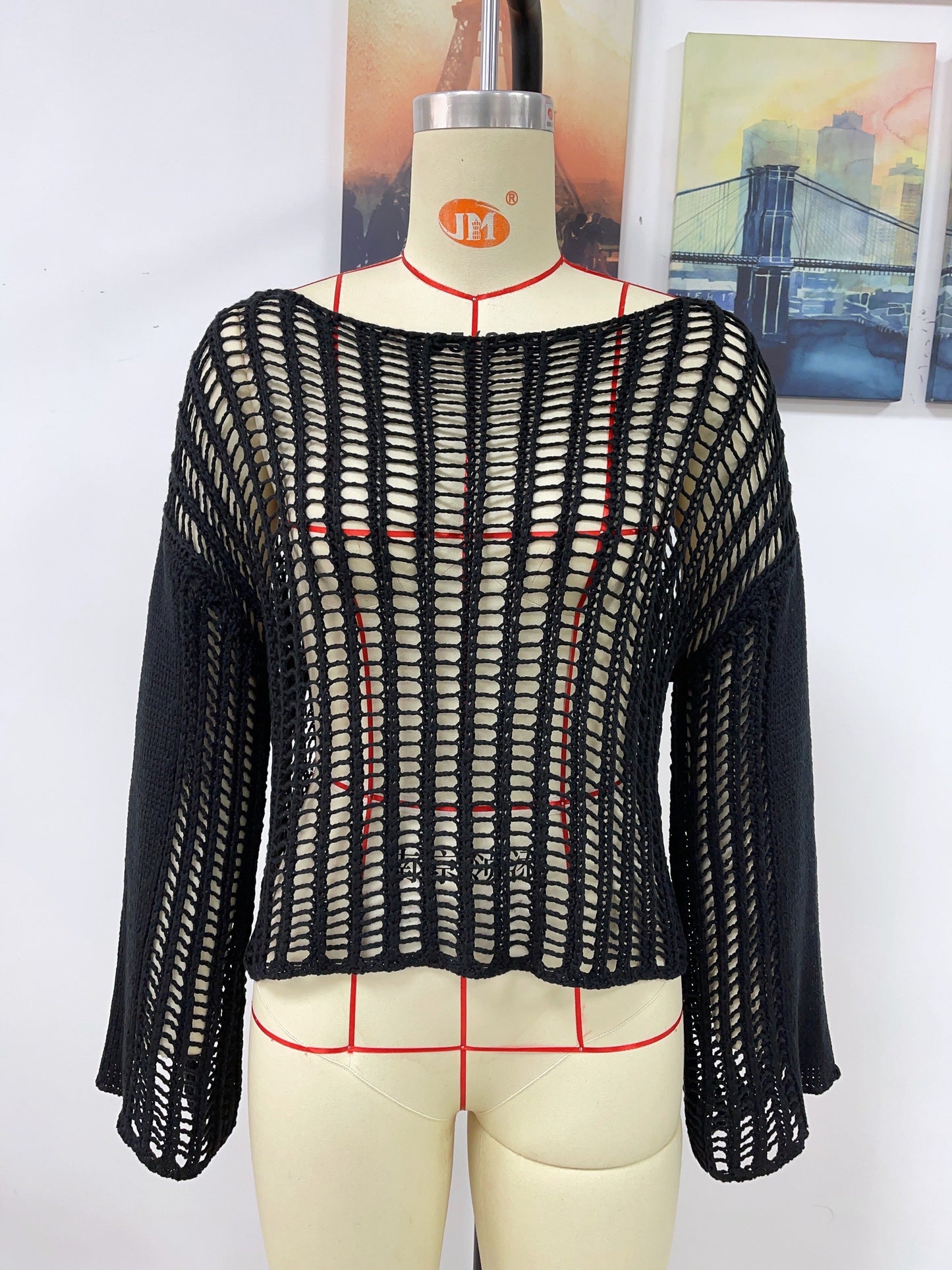 Spring Summer Knitwear Hand Crocheting Blouse Off the Shoulder Hollow Out Cutout Knitted Knitwear