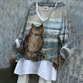 Women's Vintage Owl Embroidered Patch Cotton And Linen Shirt elevenforest