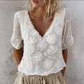 Bohemian Style Woman's V-neck White Rose Short-sleeved Shirt elevenforest