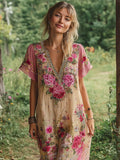Boho Ethnic Floral Embroidery Women's Linen Short Sleeve Maxi Dress elevenforest