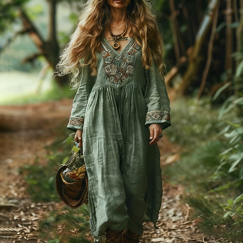 Retro Boho Linen Ethnic Loose Maxi Dress elevenforest