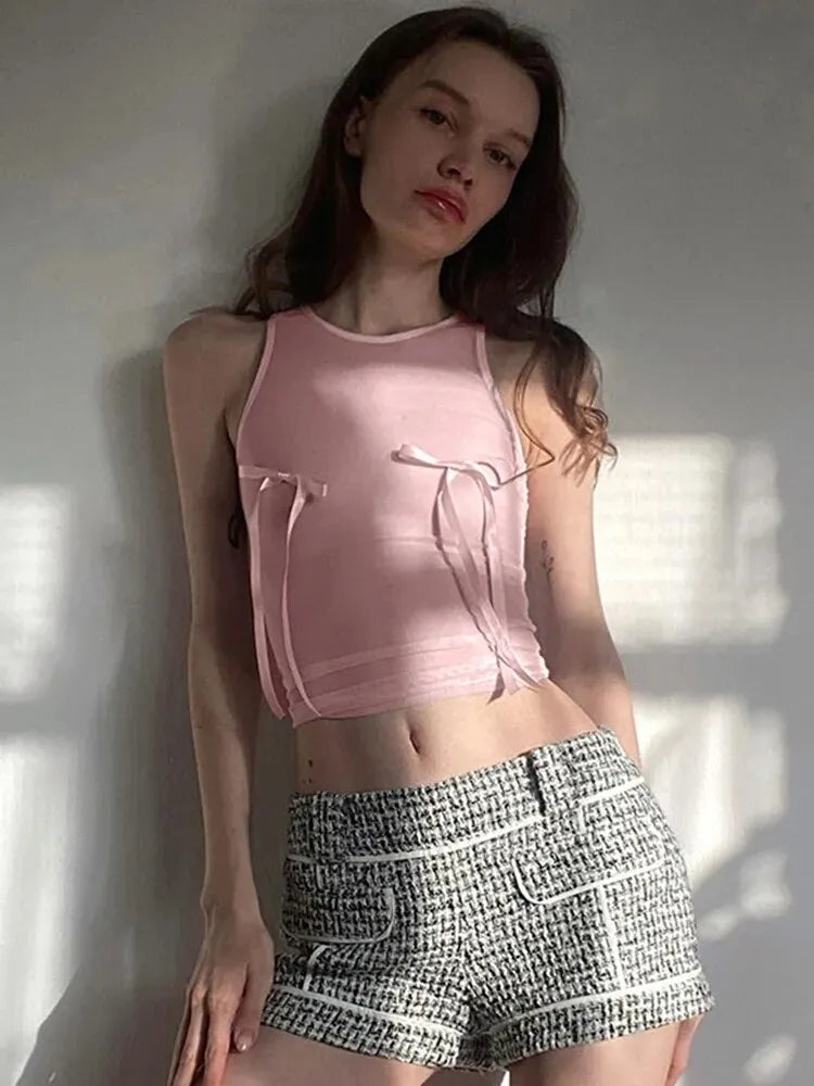 Pink Top Bow Crop Top Female Sleeveless Vests Y2k Fairy Grunge Summer Color Tube Top Baby Tees ’s Clothing