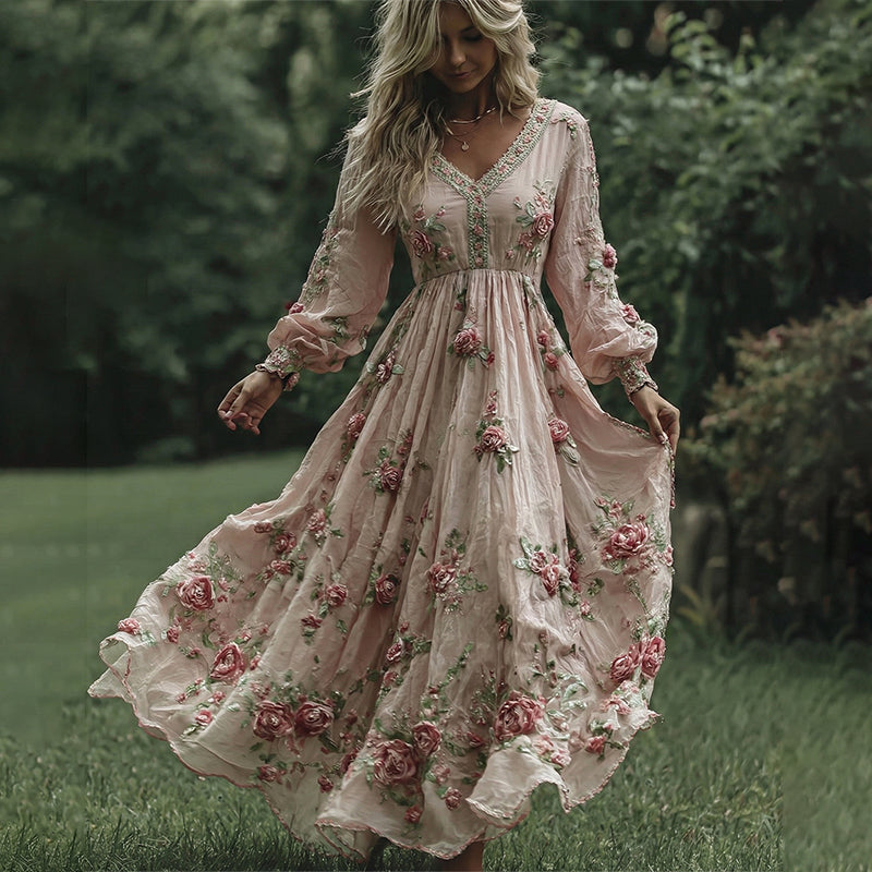 Women's Vintage Pink Floral Art Linen Dress elevenforest
