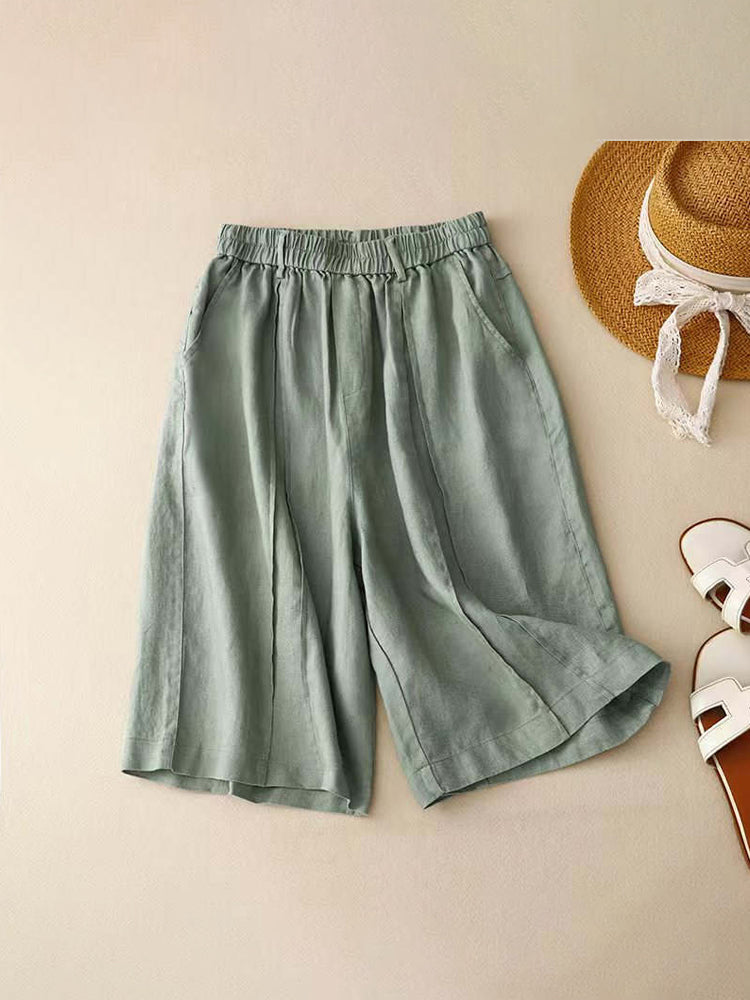 Women's Linen Casual Elastic Waist Midi Pants elevenforest
