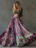 Boho Purple Roses Embroidered Floral Patchwork Flowy Wide Skirt elevenforest