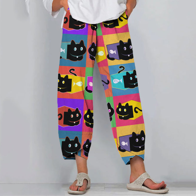 Women's Black Cat Multicolor Pop Art Linen Blend Pants