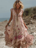 Vintage Boho Pink Roses Lace Flowy Linen Maxi Dress elevenforest