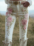 Bohemian Style Pink Rose Embroidery Pattern Women's Skinny Jeans elevenforest