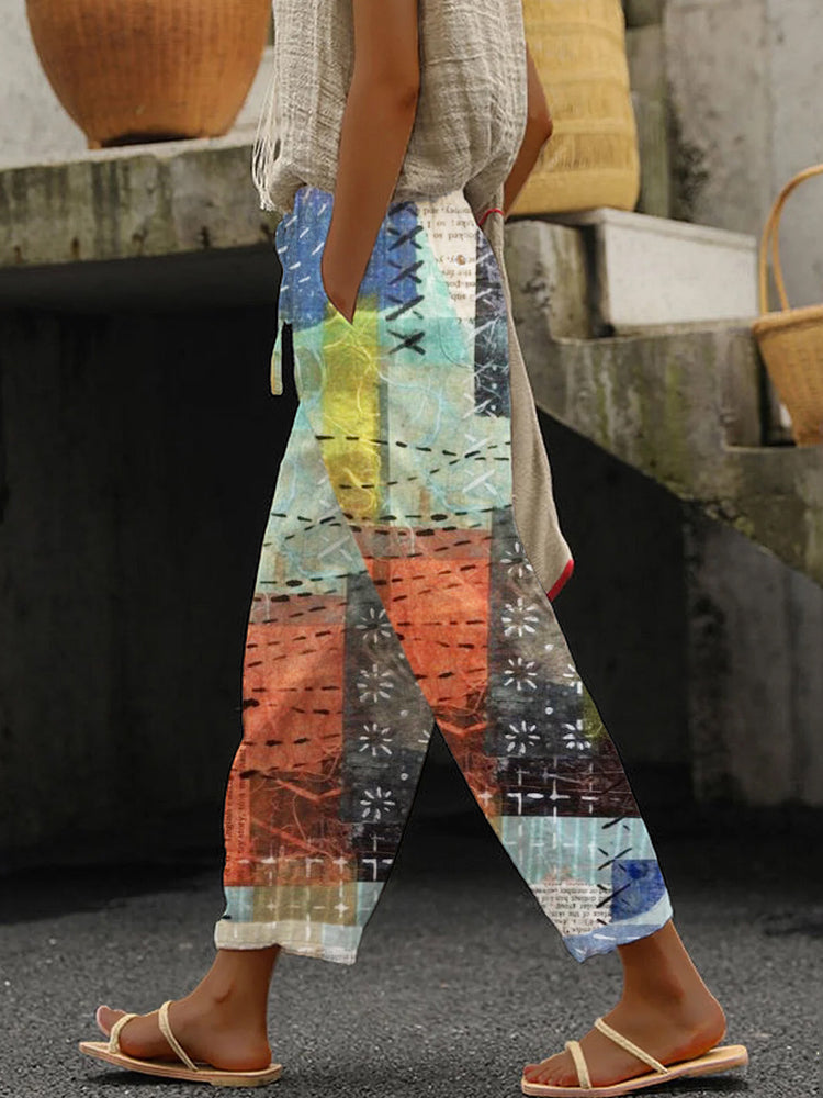 Vintage Boho Threadwork Floral Embroidery Women's Linen Trouser elevenforest