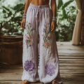Vintage Bohemian Floral Art Printed Cotton Linen Wide Leg Pants elevenforest