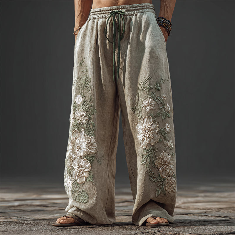 Men's Boho Floral Embroidered Wide Leg Linen Pants elevenforest