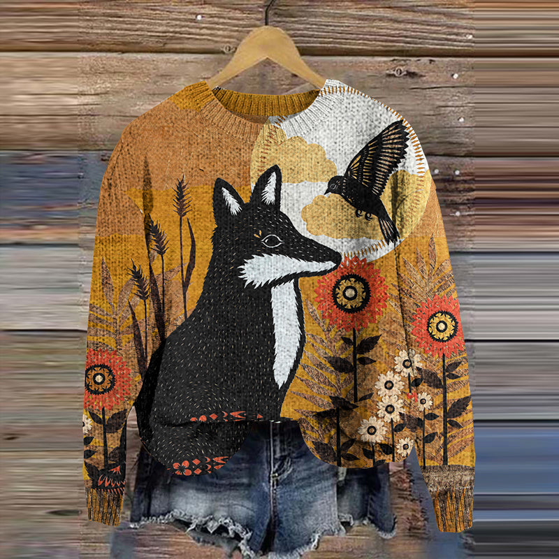 Comstylish Women's Fox Bird Print Crew Neck Sweater
