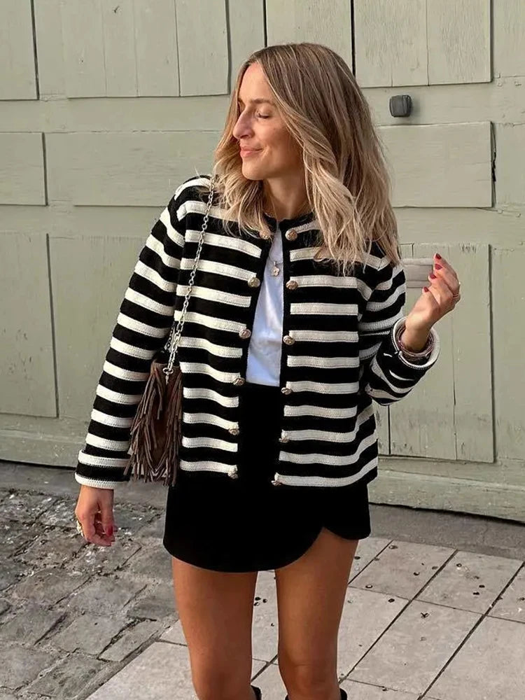 Tossy Zebra Printed Sweater Cardigan Loose Striped High Waist Patchwork Outwear Knitwear Female Coat
