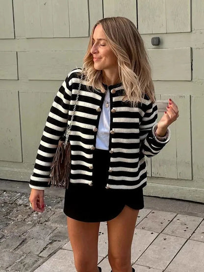 Tossy Zebra Printed Sweater Cardigan Loose Striped High Waist Patchwork Outwear Knitwear Female Coat
