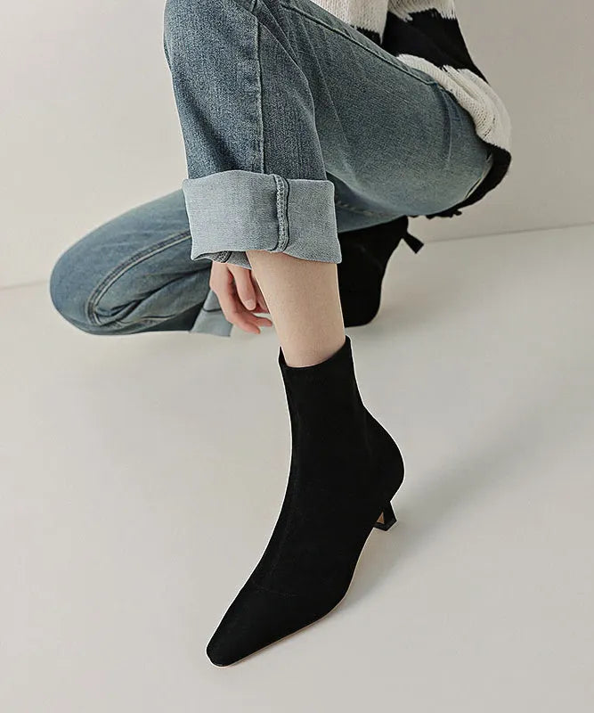 Black Suede Stiletto Boots Pointed Toe Zippered