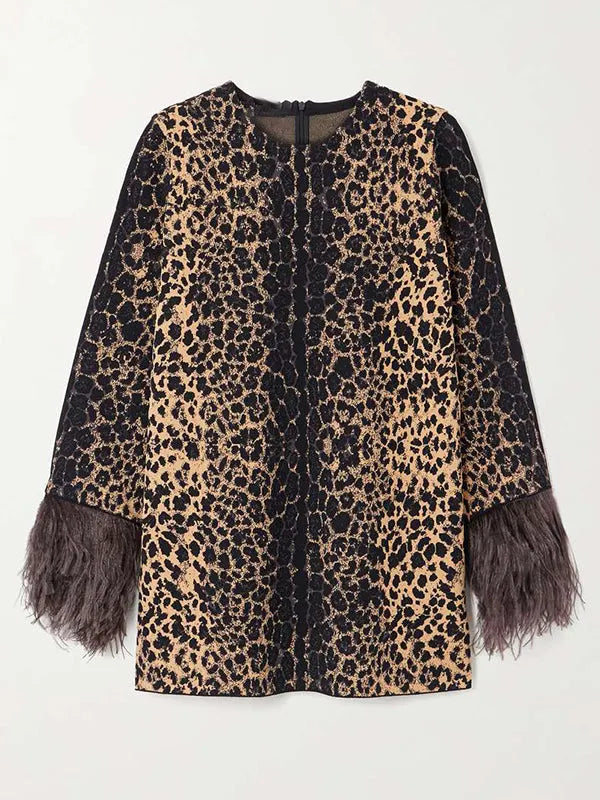 Long Sleeves Feathers Leopard Round-neck Pants Pants Set T-shirts Tops Two-piece Sets